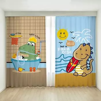 Желто-зеленый мультяшный автомобиль в стиле динозавра, шторы с высоким затемнением для спальни девочки, шторы для детской комнаты, затемняющие шторы для дома W55 X H120cm X 2&HOOK