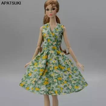 Желтое платье с цветочным принтом для куклы Барби, модная одежда для кукол, праздничное платье, одежда для кукольного домика Барби, аксессуары для кукол 1/6