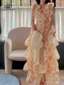 Желтое платье с цветочным принтом Платье принцессы Многослойное длинное платье для торта Vestidos Платье для выпускного вечера S жёлтый