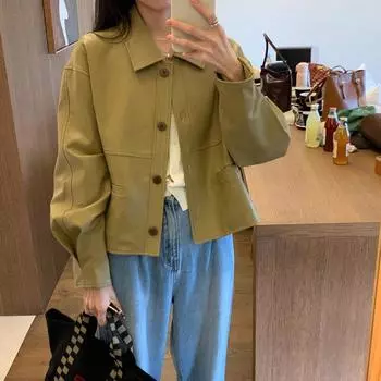 Желтое полупальто из искусственной кожи, женская весенняя куртка в корейском стиле в стиле ретро, повседневная, универсальная, кожаная куртка в стиле ins S suggestion [70-50kg]