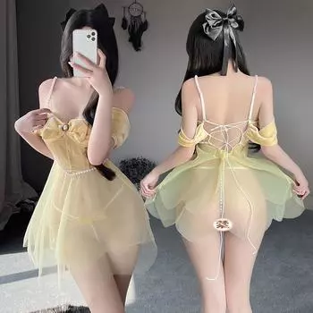 Желтое соблазнительное сексуальное мини-платье на бретельках, элегантное кружевное перспективное бандажное платье, ночная рубашка, ночная рубашка для принцессы на вечеринке One Size