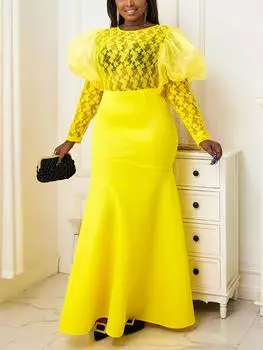 Желтое вечернее платье для выпускного вечера, прозрачное кружево с длинным рукавом, русалка длиной до пола, вечерние платья макси, наряды больших размеров S ярко-розовый