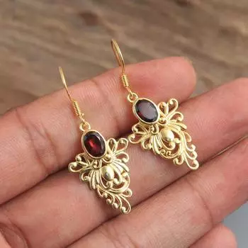 Желтое золото покрытие 100% стерлингового серебра 925 гранат драгоценный камень женщины мотаться серьги золотой/жёлтый
