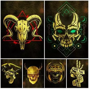 Желтое золото Скелет овечьей головы Скандинавский плакат Гостиная Настенная живопись Художественная картина маслом Украшение дома 21cm30cm NoFrame