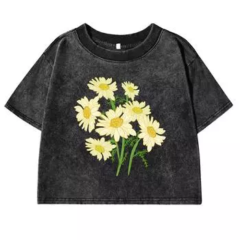 Желтые цветы Креативные принты Выстиранная футболка Женские приталенные хлопковые футболки с коротким рукавом Повседневные кроп-топы M