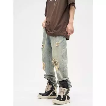 Желтые грязевые джинсы в американском стиле ретро, мужские нишевые джинсы со старыми рваными дырками, прямые свободные джинсы, тренд для пары 2XL