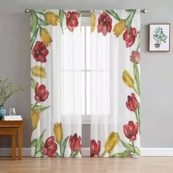 Желтые и красные тюльпаны, прозрачные шторы для спальни, гостиной, тюлевые шторы для кухни, вуаль, занавески для окон 135W x 114H(cm)