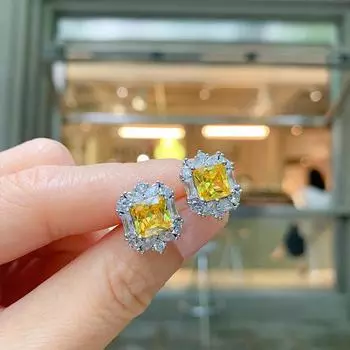 Желтые квадратные бриллиантовые ювелирные изделия Желтые серьги-гвоздики Женское кольцо с полным бриллиантом и цирконием