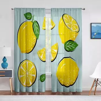 Желтые лимонные фрукты зеленые листья прозрачные шторы для окон для кухни, гостиной, спальни, украшения, современные тюлевые шторы 1 PCS W100XH250cm&Rod Pocket
