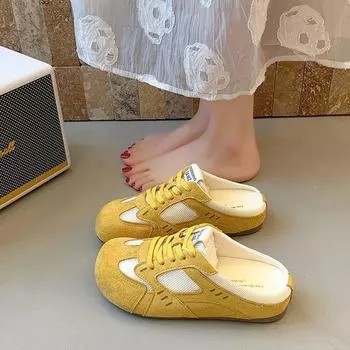 Желтые сетчатые шлепанцы Dexun на плоской подошве женские 2025 новая летняя дышащая плоская основа обувь универсальная мягкая подошва повседневная обувь 35