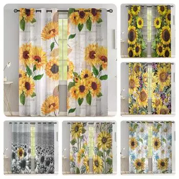 Желтые шторы с подсолнухом для гостиной, домашний декор, затемняющие шторы для окон, цветочные винтажные шторы с принтом под дерево, 2 панели W53.5 X H114cm X 2