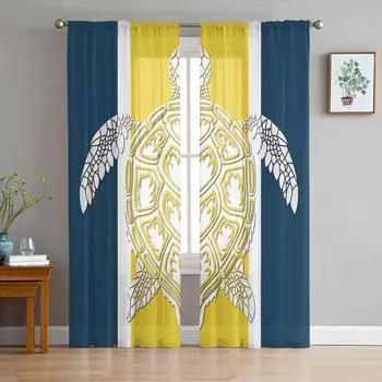 Желтые, синие прозрачные шторы в полоску черепахи для гостиной, спальни, тюлевые занавески для кухни, вуаль, шторы, жалюзи, панели 135W x 114H(cm)
