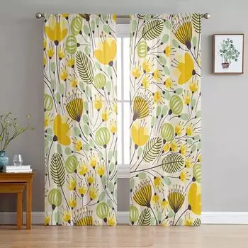 Желтые тюлевые шторы с геометрической цветочной текстурой для гостиной, прозрачные занавески для спальни, оконные жалюзи, вуаль, шторы 135W x 114H(cm)