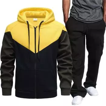 Желтый 2024 Осень/Зима Новый мужской комплект с капюшоном на молнии для молодежи, модный спортивный комплект для отдыха M
