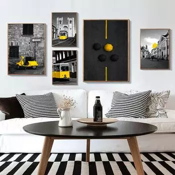Желтый автобус, автомобиль, настенный художественный пейзаж, черно-белый холст, принты, постер, скандинавская печать, изображение здания для домашнего декора, эстетическая 21cm30cm NoFrame