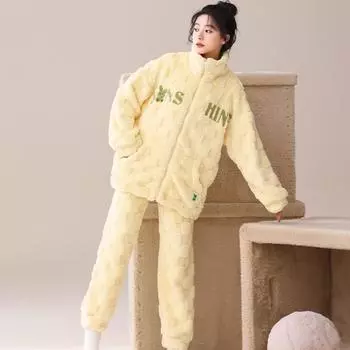 Желтый бархатный теплый женский пижамный комплект повседневная одежда для сна осень длинные рукава длинные брюки мягкая пижама уютная пижама удобная женская пижама M