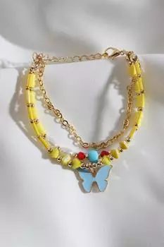 Желтый браслет с подвеской-бабочкой из трех частей Fimo из бисера