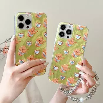 Желтый чехол Love Bear для iPhone 15 14 13 12 11 Pro Max из перьевой пряжи с большим отверстием для защиты телефона For iPhone 15