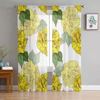 Желтый цвет, прозрачные шторы с гравировкой чернил для гостиной, прозрачные тюлевые занавески для окон, спальни, кухни, декор, вуаль, шторы 135W x 114H(cm)