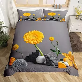 Желтый цветочный пододеяльник Queen Set, комплект постельного белья Creative Stone Still Life из 3 предметов для детей, мягкий пододеяльник с минималистичным принтом природы US Queen(228x228cm)