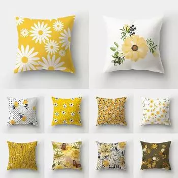 Желтый цветочный растительный принт, чехол для подушки для дома, гостиной, украшения дивана, квадратная полиэстеровая подушка, наволочка 40X40CM