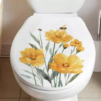 Желтый цветок пчела стикер для унитаза Съемный самоклеящийся водонепроницаемый ПВХ Гостиная Ванная комната Настенное искусство Цветочная крышка унитаза Украшение Наклейка Little Flower