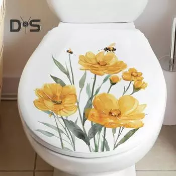 Желтый цветок пчела стикер для унитаза Съемный самоклеящийся водонепроницаемый ПВХ Гостиная Ванная комната Настенное искусство Цветочная крышка унитаза Украшение Наклейка Little Flower