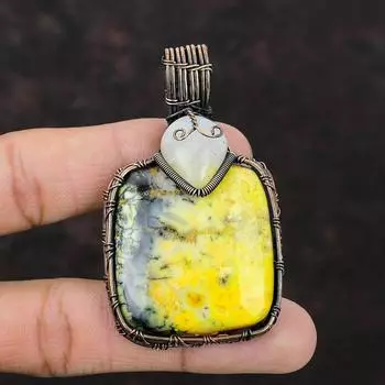 Желтый Дендрит Опал Медный Кулон Медная Проволока Обернутая Ювелирные Изделия Драгоценных Камней Радужный Кулон Лунного Камня Подвеска Ручной Работы Дизайнерские Медные Ювелирные Изделия