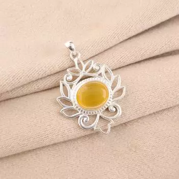 Желтый камень Кошачий глаз Ювелирное изделие из штампованного серебра 925 пробы Ручной работы Женский кулон CP-1-42