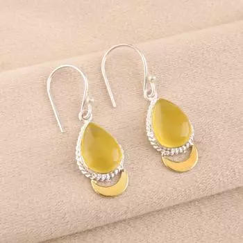 Желтый камень Кошачий глаз Ювелирные изделия из стерлингового серебра 925 пробы Ручная работа Серьги-крючки 1,5 EE-162-34