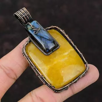 Желтый Кружевной Агат Кулон Медная Проволока Обернутый Кулон Ювелирные Изделия Из Натурального Драгоценного Камня Лабрадорит Кулон Ручной Работы Медные Ювелирные Изделия Для Женщин