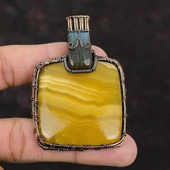 Желтый кружевной агатовый кулон, медная проволока, кулон, лабрадорит, драгоценный камень, медная проволока, ювелирные изделия, кулон ручной работы, подарок для жены