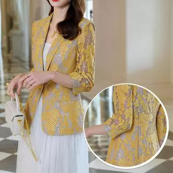 Желтый кружевной маленький пиджак женский тонкий летний миниатюрный модный темперамент семиминутный рукав скелет костюм блузка M жёлтый