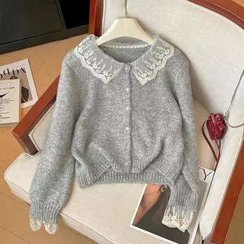 Желтый кружевной мягкий восковой свитер женский осенне-зимний новый кардиган куртка темперамент кукольный воротник вязаный топ S