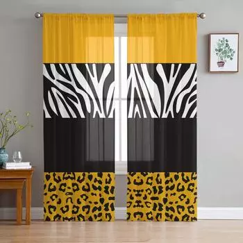 Желтый леопардовый зебра в полоску Тюлевые оконные шторы для гостиной, пряжа из органзы, прозрачная вуаль, занавеска для спальни, кухни, домашний декор, драпировка W135 x H115cm x1