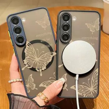 Желтый магнитный чехол-бабочка для Samsung S24 S23 S22 Ultra Plus S21 S20 Fe A55 A54 A53 A52 A35 A34 A15 прозрачный матовый ударопрочный мягкий тонкий чехол Samsung S24 чёрный