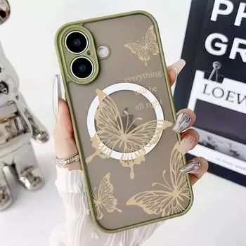 Желтый магнитный чехол с принтом бабочек для iPhone 16 Pro Max 15 14 13 12 Pro 11, тонкий противоударный чехол с мягким краем для MagSafe, прозрачный матовый акриловый чехол для телефона iPhone 16 чёрный