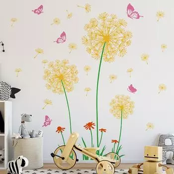 Желтый одуванчик, наклейка на стену, бабочка, ПВХ, съемный художественный винил, сделай сам, водонепроницаемые наклейки на стены, фрески, украшение для дома и комнаты 30x90cm*2pcs жёлтый