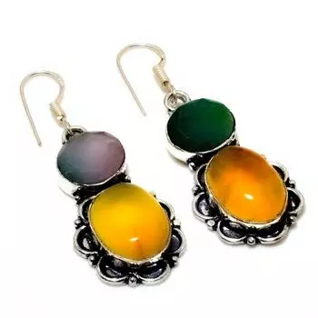 Желтый Оникс Изумруд(Смоделированный) Серьги с покрытием из серебра 925 пробы, 1,89 дюйма