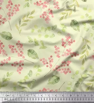 Желтый японский креп-сатин Soimoi, красные ягоды и листья, ткань с принтом по метрам, 42 дюйма 42 Inch Wide - Poly Crepe жёлтый