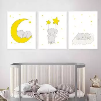 Желтый слоненок, луна, звезда, облако, настенная живопись на холсте, плакаты на скандинавскую тему и принты, настенные панно для украшения детской комнаты 21cm30cm NoFrame