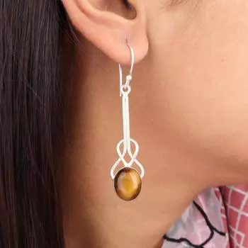 Желтый Тигровый глаз Драгоценный камень 925 Стерлинговое серебро Ювелирные изделия Ручной работы Серьги 1,76 EE-171-26