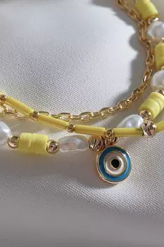 Желтый трехкомпонентный браслет Fimo с жемчугом и бусинами «Сглаз»