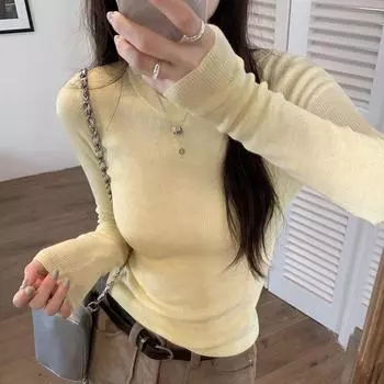 Желтый внутренний слой тонкий трикотажный свитер для женщин темперамент нежный и облегающий топ S мятный зеленый