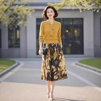 Желтый вязаный костюм-двойка: Топ на завязках и миди-юбка с принтом для женщин на весну 2025 S (up to 50kg)