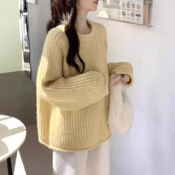 Желтый женский вязаный свитер с подвернутым краем, свободный повседневный женский пуловер, осенне-зимний ленивый женский топ One Size жёлтый