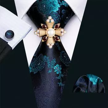Жемчужная брошь с шелковым галстуком для мужчин, винтажный бирюзовый галстук с цветочным принтом, носовой платок, запонки, подарочный формальный набор N-5215 чёрный/чирковый