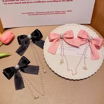 Жемчужная цепочка с бантом, заколка для волос с кисточкой, боковой зажим для волос, заколка с бантом из ленты, элегантная заколка для волос с бантом, вечерние