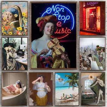 Жемчужная девушка лежит в ванне Картина маслом Интересный автопортрет Женский постер Бар Кафе Клубная комната Современный 21cm30cm NoFrame