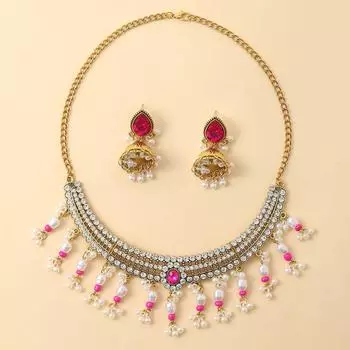 Жемчужная кисточка, капающие бусины, преувеличенное ожерелье, серьги, женский волнистый модный ретро-комплект ювелирных изделий, женский розовый